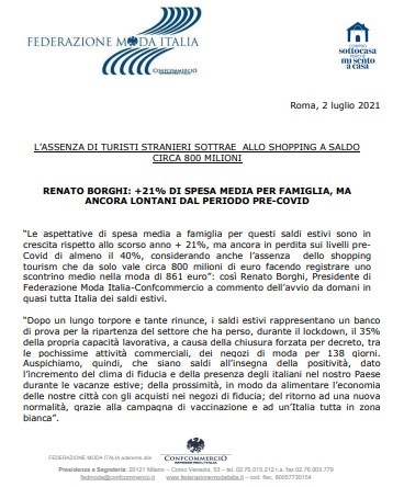 RENATO BORGHI: +21% DI SPESA MEDIA PER FAMIGLIA, MA ANCORA LONTANI DAL PERIODO PRE-COVID. L’ASSENZA DI TURISTI STRANIERI SOTTRAE ALLO SHOPPING A SALDO CIRCA 800 MILIONI.