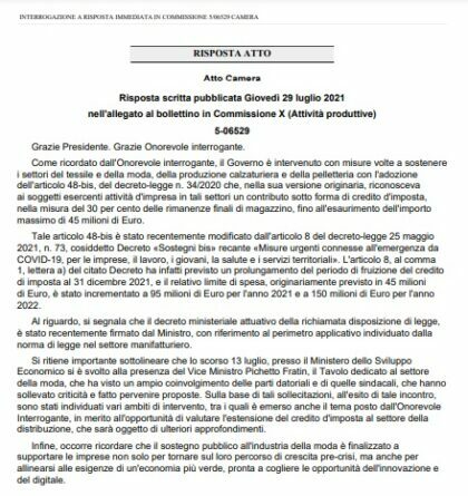MODA: Federazione Moda Italia-Confcommercio chiede al Governo misure speciali per il retail. La risposta del Ministro Giorgetti
