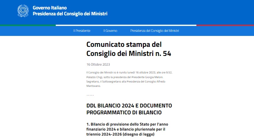 LEGGE DI BILANCIO: VIA LIBERA DEL CONSIGLIO DEI MINISTRI