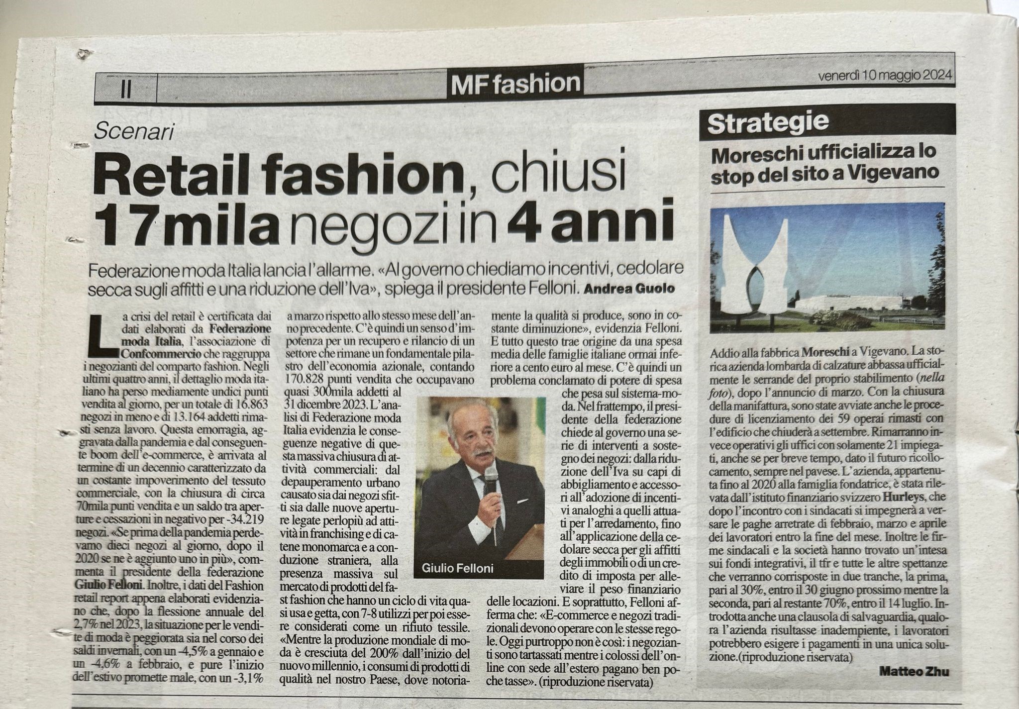 Retail fashion, chiusi 17mila negozi in 4 anni Federazione moda Italia lancia l’allarme. «Al governo chiediamo incentivi, cedolare secca sugli affitti e una riduzione dell’Iva», spiega il presidente Felloni