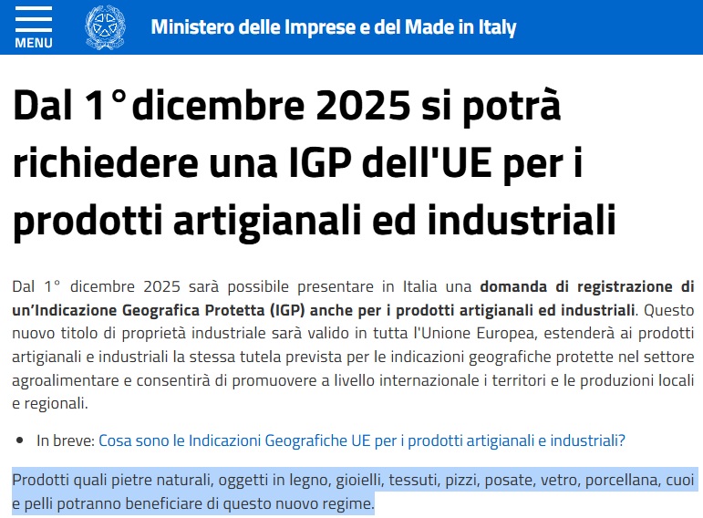 IGP – Indicazione Geografica Tipica dell’UE per i prodotti artigianali ed industriali anche di Moda – tessuti, pizzi, cuoi e pelli